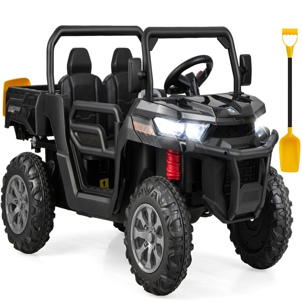 OLAKIDS 2 Seater Ride On Car, 12V Off-Road UTV Electric Vehicle with Remote Control, Dump Bed, Extra Shovel, Music, USB, AUX, Rocking Function, Kids Toddlers Battery Powered Truck (Dark Black)