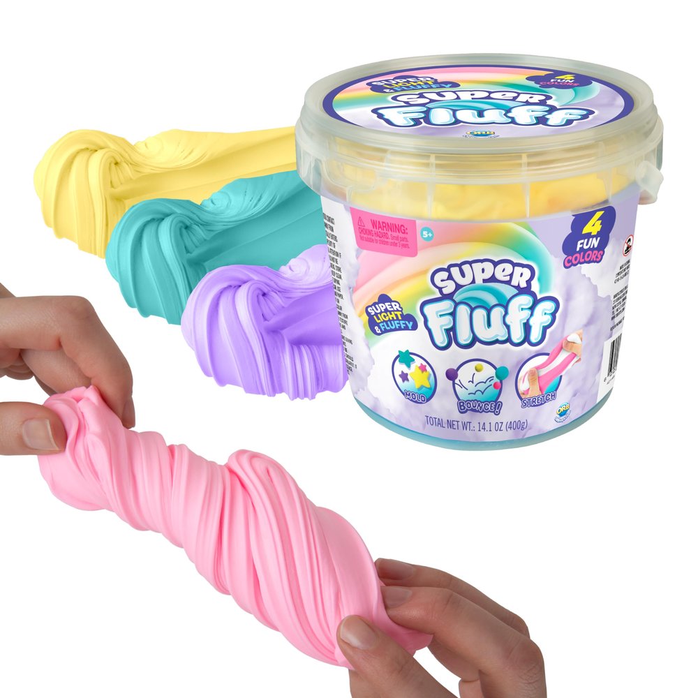 ORB Super Fluff Slimi 4 Pack Bucket Color Set 1 - Yellow, Purple, Pink, Teal - Fun, Light, Fluffy Sensory Slime to Mold, Bounce, Stretch - Perfect for Play, Stress Relief or Gifts for Kids and Adults
