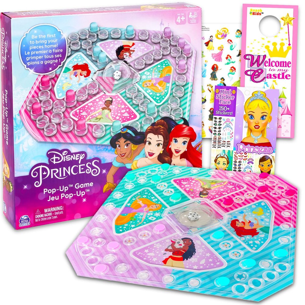 Disney Princess Pop Up Game - Bundle with Disney Princess Board Game with Pop Up Dice, Create-a-Face Stickers, More | Disney Princess Games for Girls