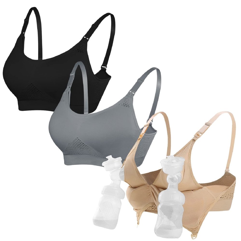 4HOW 3Pack Pumping-Bra Hands Free Breast Nursing Bra for Breastfeeding Wearable Padded for Pregnancy Black Nude Grey Small
