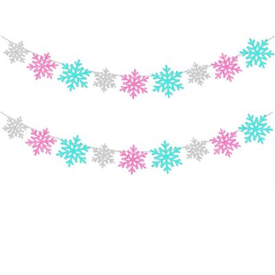 2Pcs Glittery Snowflake Banners, Pink Blue Silver Banner Winter Christmas Decorations Banners Holiday Garland Photo Props Banner for Party Home Decoration