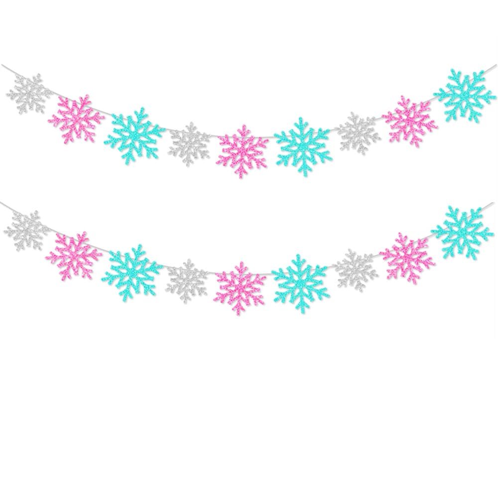 2Pcs Glittery Snowflake Banners, Pink Blue Silver Banner Winter Christmas Decorations Banners Holiday Garland Photo Props Banner for Party Home Decoration