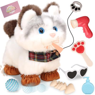 Jimate Interactive Walking Cat Plush Toy with Leash  Electronic Kitty Pet That Meows and Wags Tail, Soft Stuffed Animal Companion for Girls Kids Toddlers Birthday