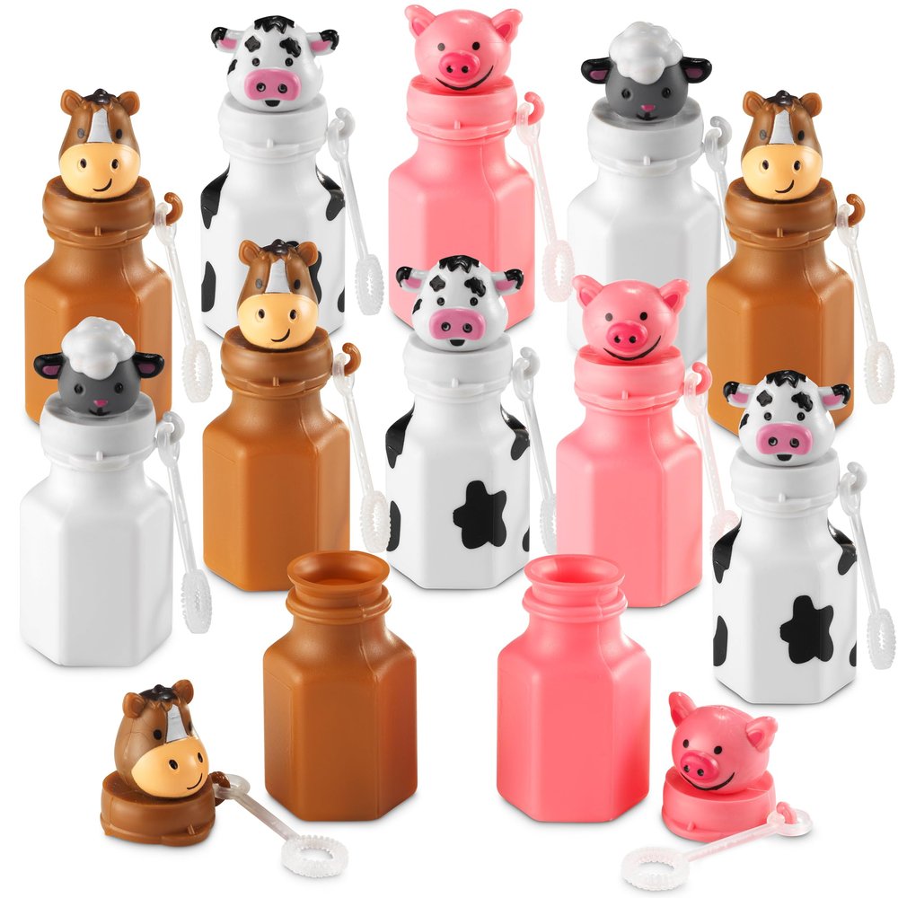 Mini Farm Animal Bubble Wands Toy Gifts for Kids - (Pack of 12) 3-Inch Barnyard Bubble Bottles, Assorted Animals for Giveaways, Prizes, Birthday Party Favors for Kids, Baby Showers, Goody Bag Toys