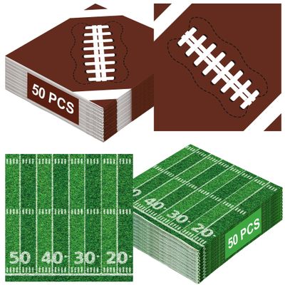 100 PCS Football Party Supplies, 6.5 Inches Football Napkins with 2 Styles, Disposable Football Paper Napkins, Football Party Napkins for Football Theme Game Day Touchdown Birthday Decorations