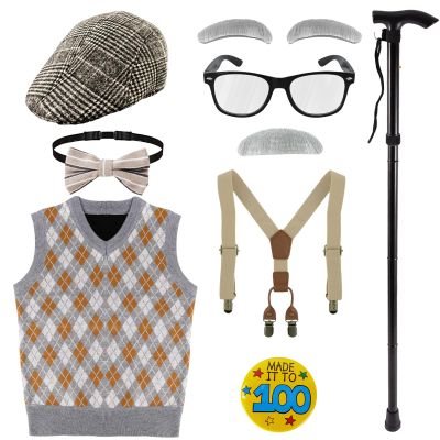 100 Days of School Costume for Kids Boys, Cool Old Man Costume for Kids Kit, 100 Days of School Grandpa Accessories Set(130)