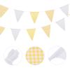 MECCANIXITY 33ft Yellow White Plaid Checkered Pennant Banner, 36 PCS Triangle Flags Fabric Bunting Banner for Birthday Wedding Outdoor Garden Decor view 3