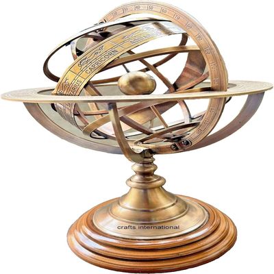 Antique Finish Astrolabe Armillary Brass Desktop Globe Sphere Wooden Base Vintage Gift
