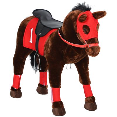 Qaba Ride on Horse for Kids 3-8 Years Old, Toddlers Riding Horse with Neighing Sound, Ride on Animal Pony Toy with Saddle & Stirrups, Brown