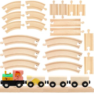 Hoarost 24 Pcs DIY Wooden Trains Unfinished Magnetic Wooden Train Cars with Track for Train Track Themed Party Supplies Birthday Gifts Craft Painting Activities