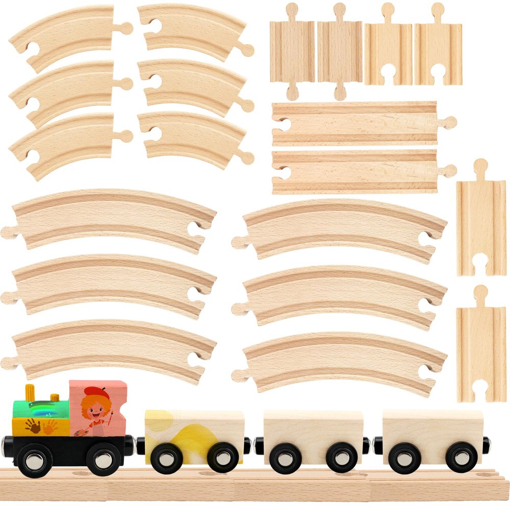 Hoarost 24 Pcs DIY Wooden Trains Unfinished Magnetic Wooden Train Cars with Track for Train Track Themed Party Supplies Birthday Gifts Craft Painting Activities