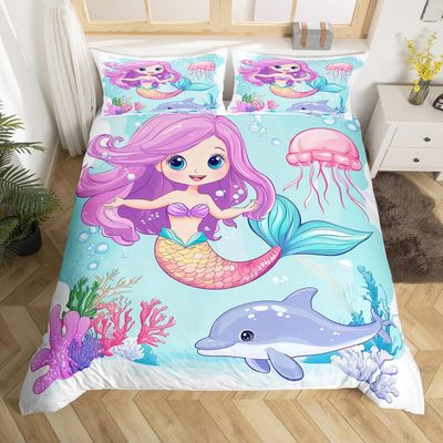 Cartoon Mermaid Girl Duvet Cover Dolphin Jellyfish Bedding Set Colorful Coral Seaweed Comforter Cover for Girls Fancy Undersea World Bedspread Cover Toddler Size with 1 Pillow Case,No Comforter