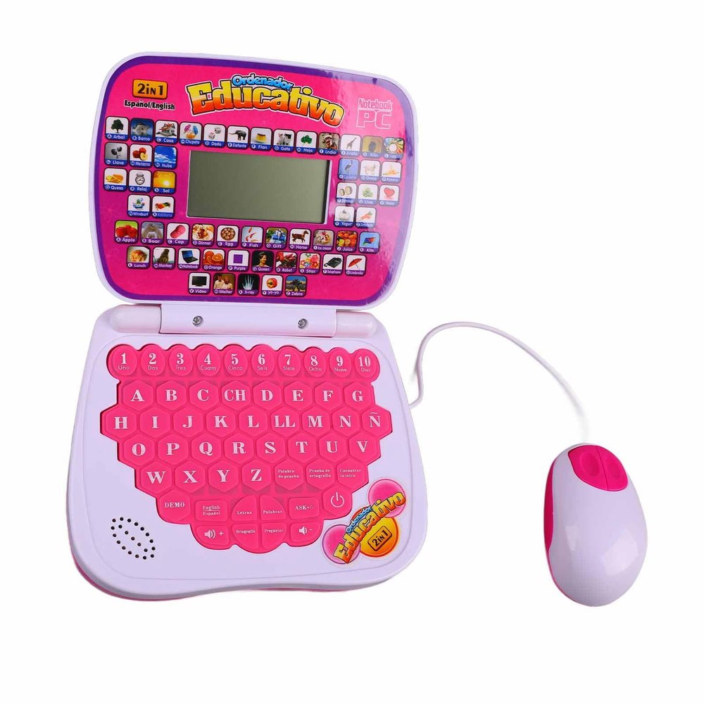 Bilingual Kids Learning Laptop, Music Function Spanish English Keyboard Rereading, Laptop Educational for Kids (Pink