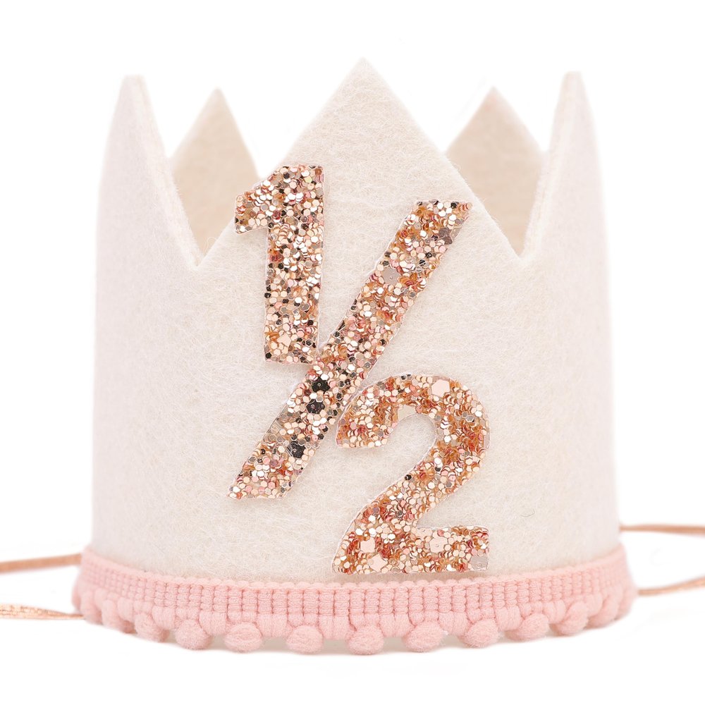 Jissoo White 1/2 Birthday Crown - 6 Months Birthday Decorations,Little Princess Crown For Cake Smash,Sweet Half Hat Photo Props,Light Pink 1/2 Way To One Decoration (White)