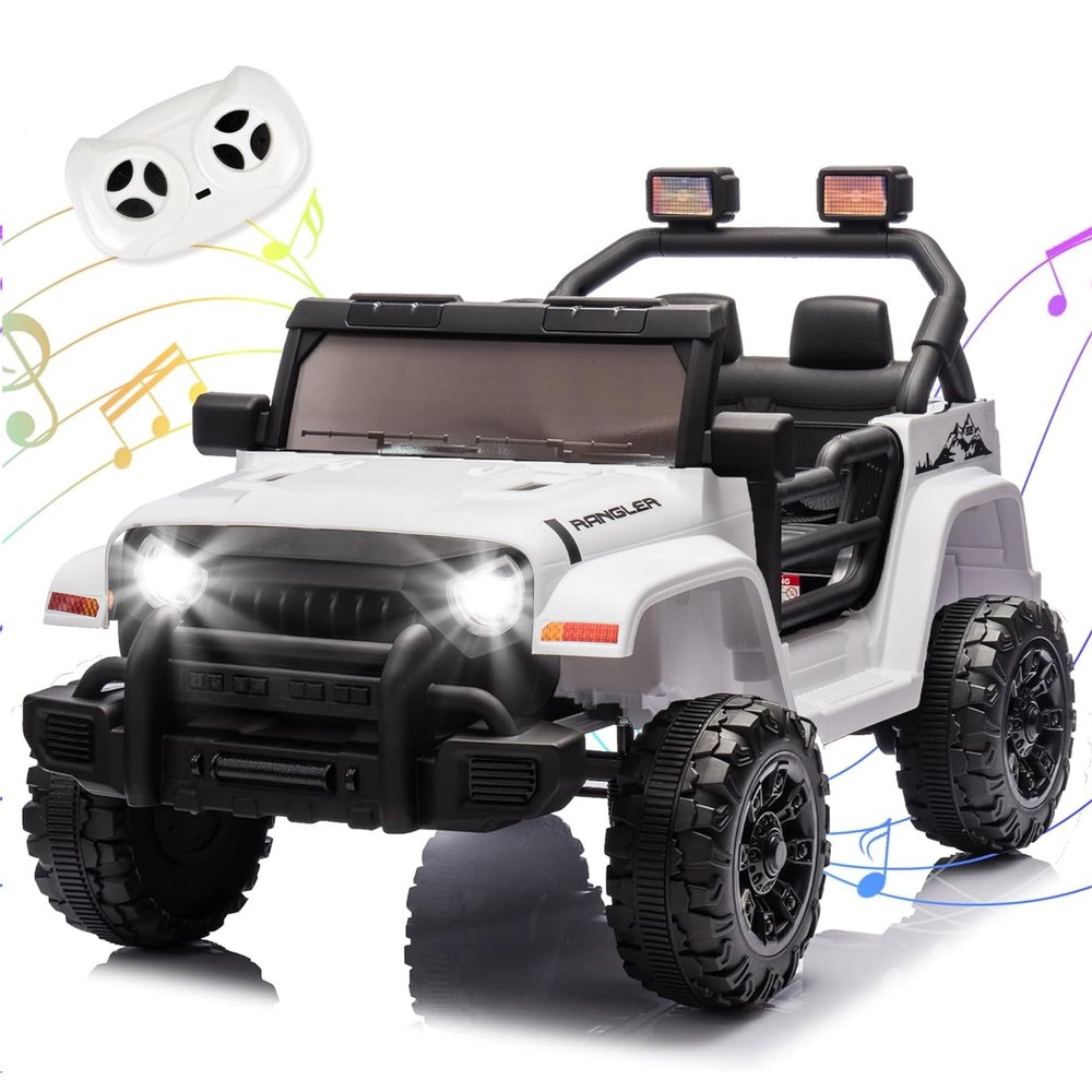 OKYBABY Ride on Truck Car, 12V Kids' Electric Vehicles W/Parents Control, Ride on Toys for Toddlers with Music, Bluetooth, Four-Wheels Suspension, USB, Headlights, White