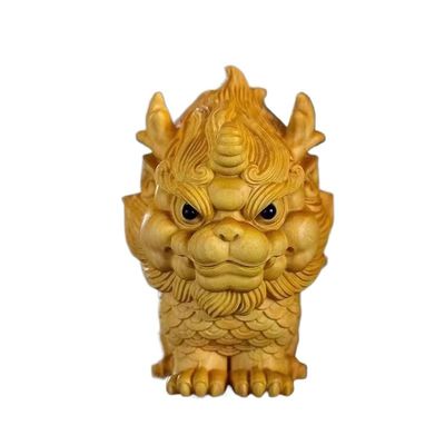 Cliff Cypress Wood, Chinese Auspicious Beast Kirin Sculpture, Small Ornament, mini Unicorn Statue, Good Luck, Cute Mascot for The Town House
