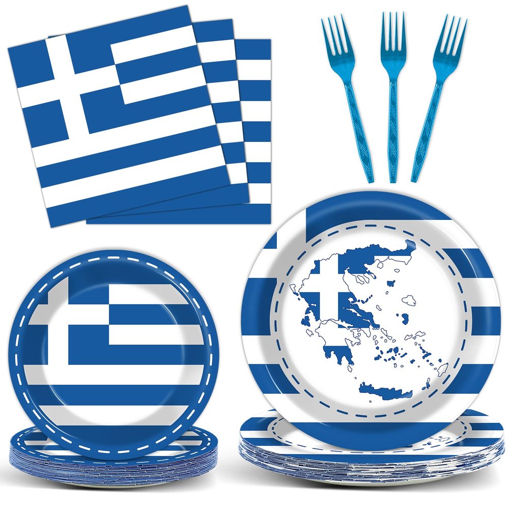 gisgfim 96 Pcs Greek Flag Greece Plates and Napkins Party Supplies Greek Flag Birthday Party Tableware Set Blue Greece Birthday Decorations Favors for Greek Family Gathering Dining for 24 Guests