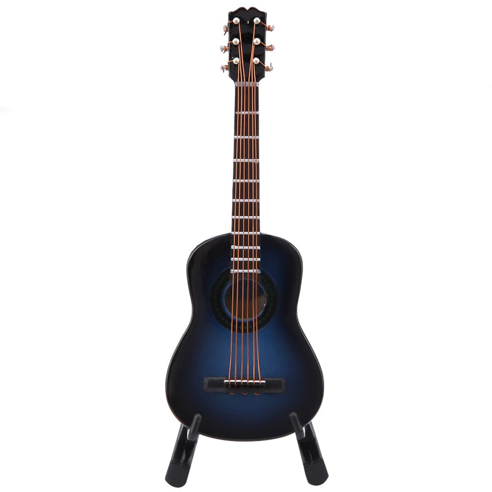 Yechiry Miniature Wooden Guitar Model Decor, Musical Instrument Ornaments Craft, Home Decoration with Stand and Case (Blue, 10cm)