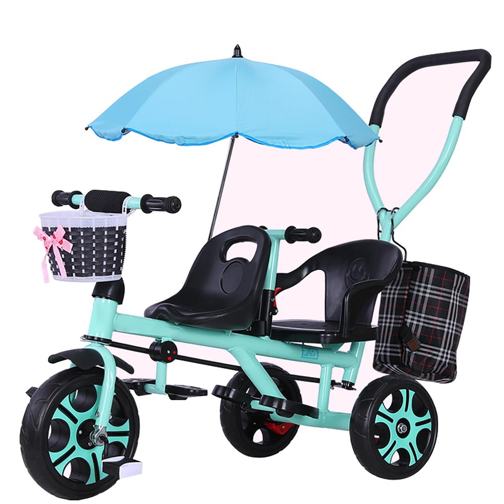 JIYIAN Green,Style 2, Push Children Trike,Baby Twin Stroller Portable High Landscape Umbrella Tricycle for Toy Gift 3 Wheel Kids Bike with Double Large Seats