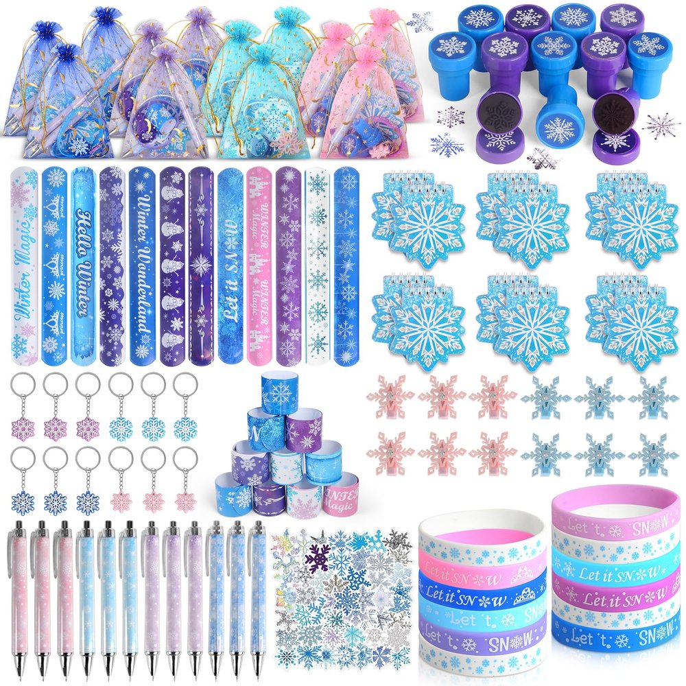 146PCS Frozen Party Favors, Snowflake Birthday Party Favors with Notebooks Stampers Stickers, School Stationery Set Birthday Supplies, Goodie Bag Stuffers Classroom Gift Reward Prize for Kids