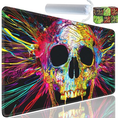 Playmat for MTG, 24x14 Inches Playmats, for TCG and CCG Trading Card Game Mat, Non-Slip Rubber for MTG Playmats with A Storage Bag and 6 Dice Set, Colored Art Skulls Pattern Black