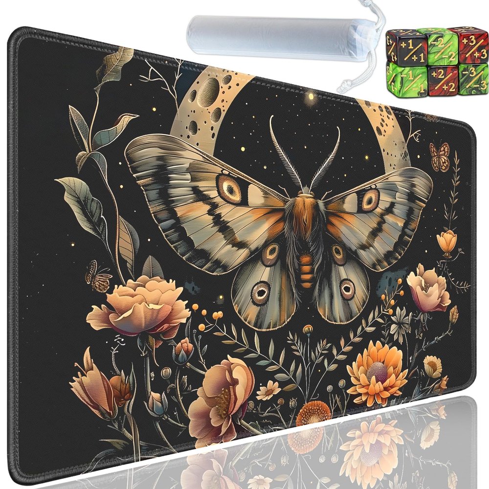 Yuxcfhjfe Playmat for MTG, 24x14 Inches Playmats, for TCG and CCG Trading Card Game Mat, Non-Slip Rubber for MTG Playmats with A Storage Bag and 6 Dice Set, Flowers and Moths Pattern Black