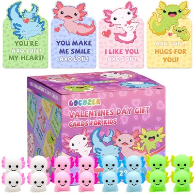 28Pack Axolotl Valentines Cards for Kids Classroom, Axolotl Squishies Mochi Valentine Gifts for Kids Class, Animal Mochi Squishy to Squeeze Toys for School Valentine's Day Exchange Gifts Party Favors