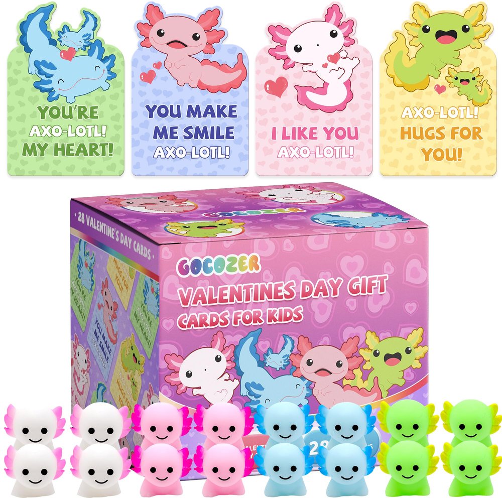 28Pack Axolotl Valentines Cards for Kids Classroom, Axolotl Squishies Mochi Valentine Gifts for Kids Class, Animal Mochi Squishy to Squeeze Toys for School Valentine's Day Exchange Gifts Party Favors