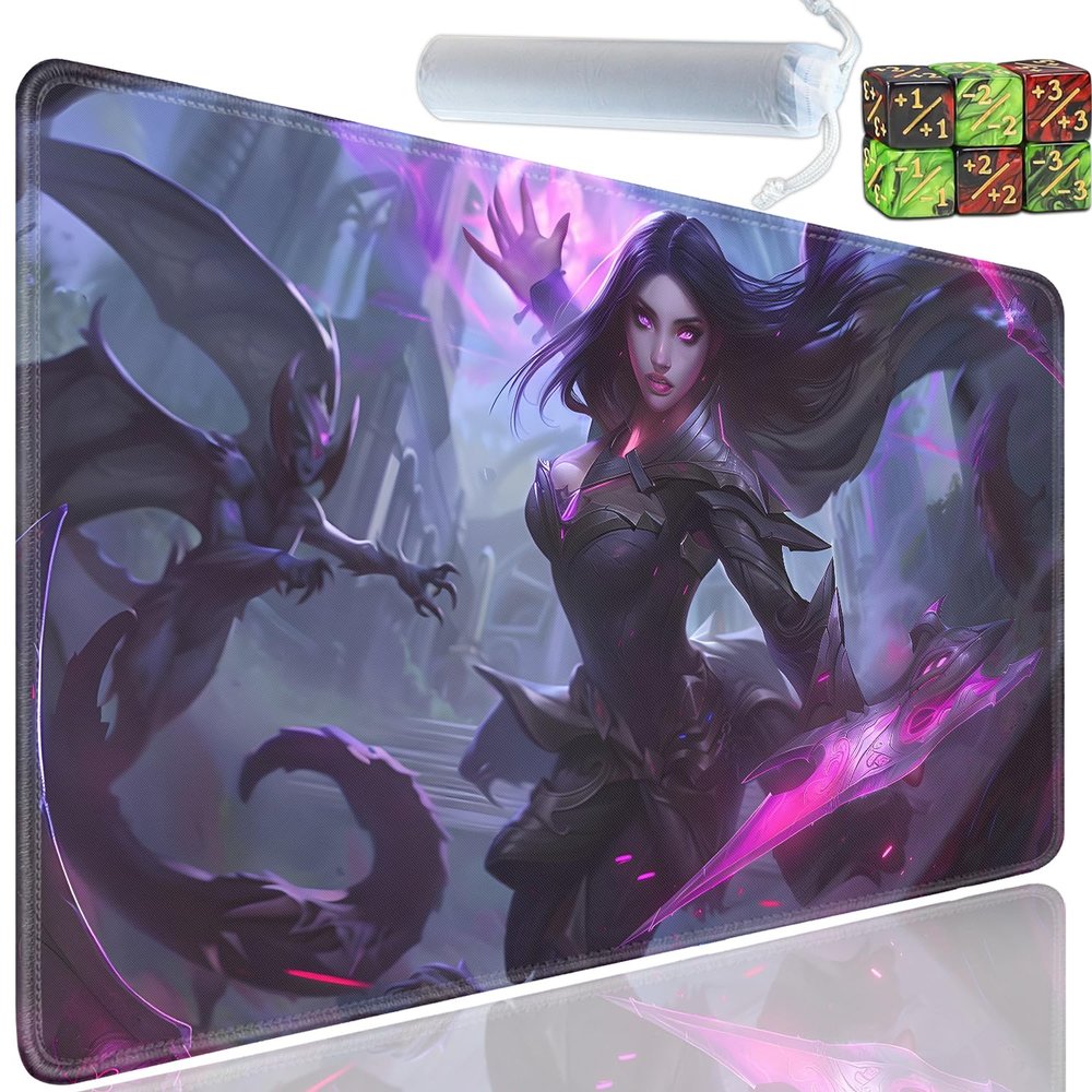 Yuxcfhjfe Playmat for MTG, 24x14 Inches Playmats, for TCG and CCG Trading Card Game Mat, Non-Slip Rubber for MTG Playmats with A Storage Bag and 6 Dice Set, Anime Magic Girl Pattern