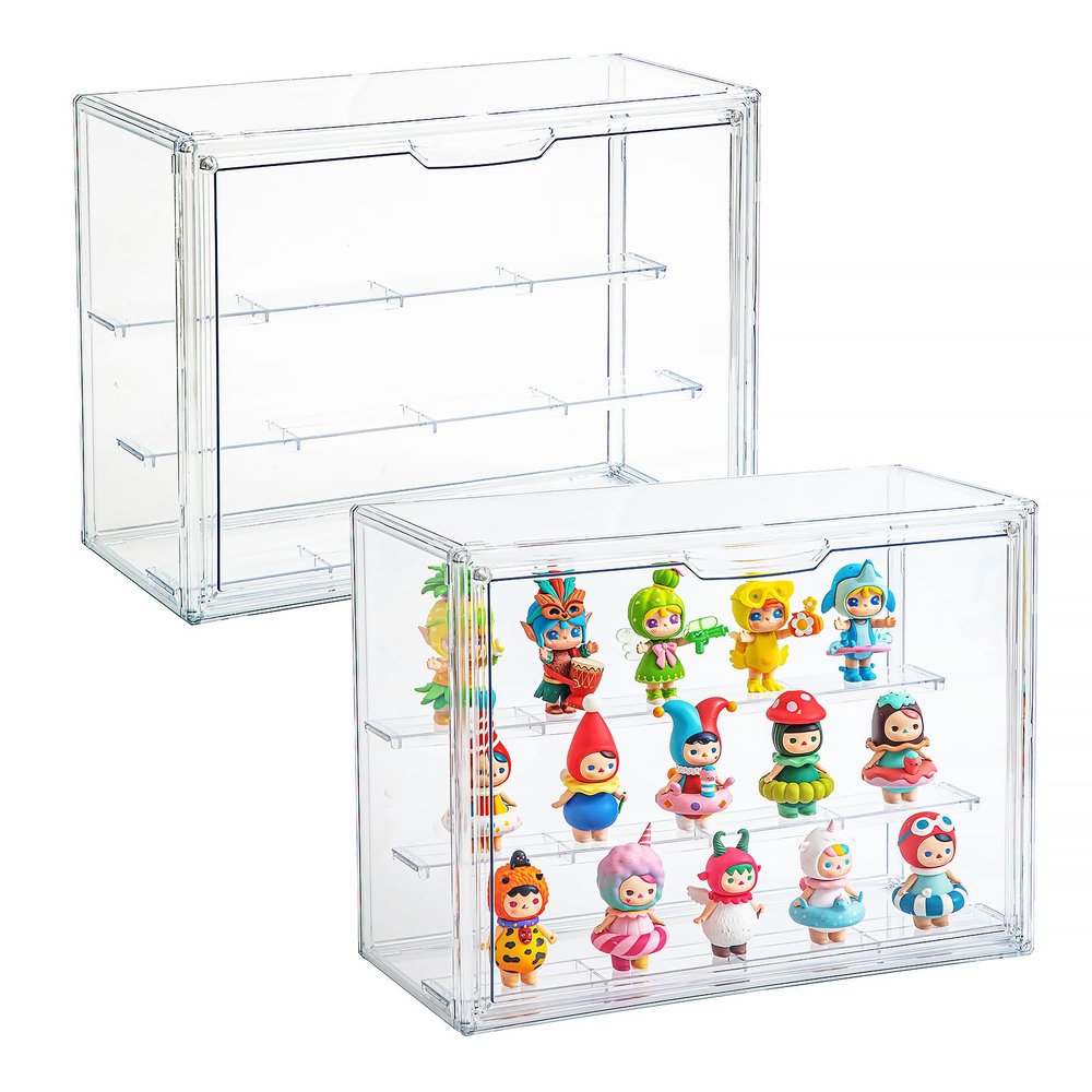 2 Pack Acrylic Display Cases for Collectibles, Clear Display Case for Figures, 3 Tier Display Shelf Boxes Miniature Display Case, Dustproof and Stackable Action Figure Display Cases (2, Large)