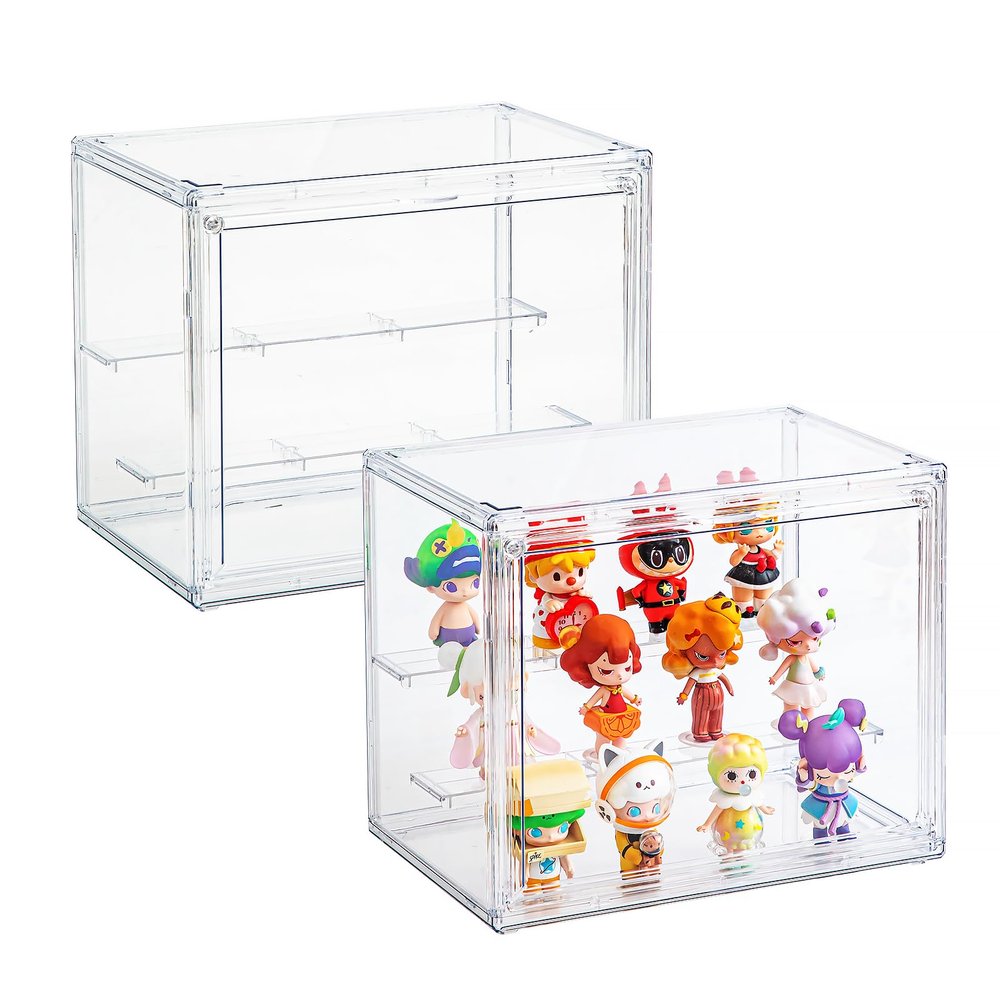 2 Pack Acrylic Display Cases for Collectibles, Clear Display Case for Figures, 3 Tier Display Shelf Boxes Miniature Display Case, Dustproof and Stackable Action Figure Display Cases (2, Small)