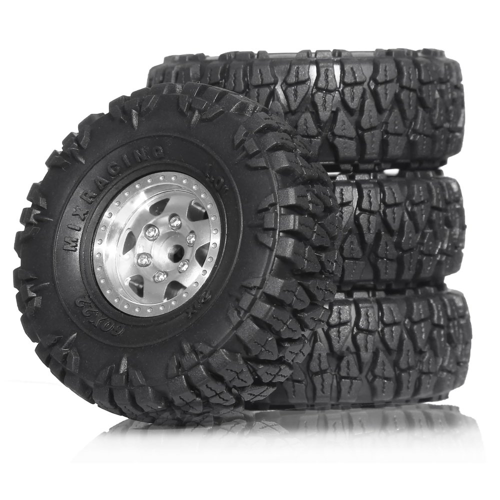 60mm 4 PCS 1/18 RC Crawler Tires 1.0 inch replica tires wheels binding 7mm R188 Suitable for most 1/18 RC Crawler cars such as TRX4M, Land Rover, Scrambler, SCX24, Scorpion, FMS and so on. (silvery)