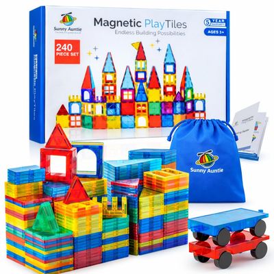 SUNNY AUNTIE Magnetic Tiles 240 PCS XL Set with Storage Bag Magnetic Building Tiles for Kids Ages 3-8, STEM Magnet Construction Toy for Boys & Girls