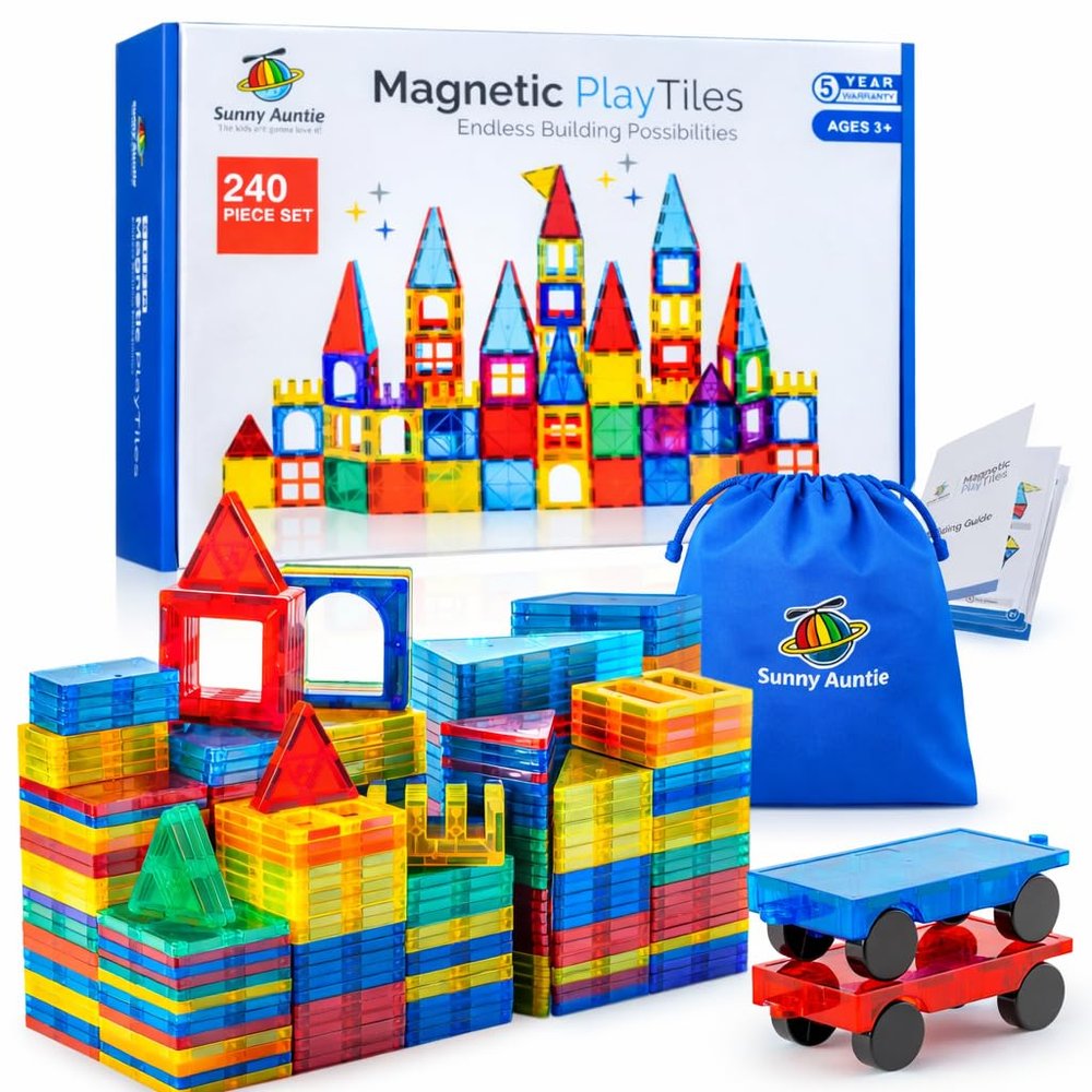 SUNNY AUNTIE Magnetic Tiles 240 PCS XL Set with Storage Bag Magnetic Building Tiles for Kids Ages 3-8, STEM Magnet Construction Toy for Boys & Girls