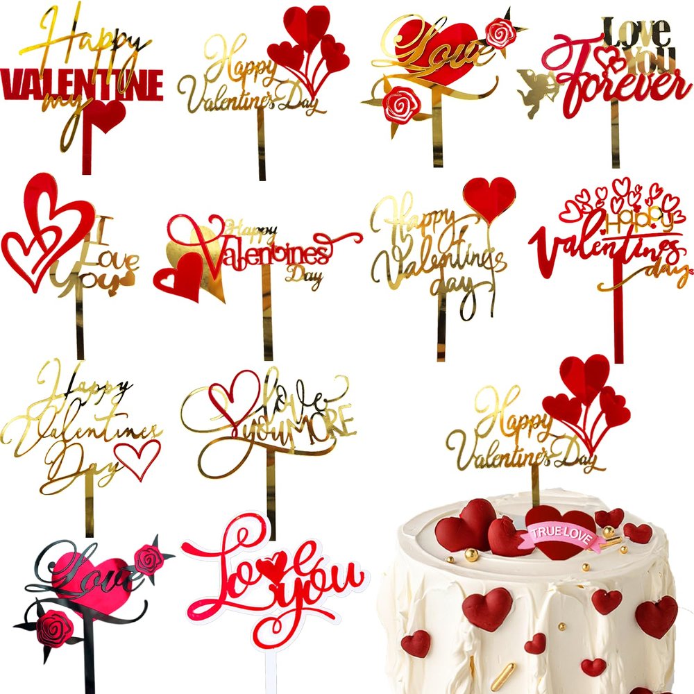 12Style Happy Valentine's Day Cake Topper Acrylic Valentines Cake Topper Red Sweet Love Heart Cupid Shaped Cupcake Topper Cake Picks for Valentine's Day Anniversary Wedding Birthday Party Cake Decor