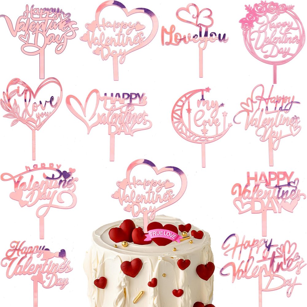 12Style Happy Valentine's Day Cake Topper Acrylic Valentines Cake Topper Rose Gold Sweet Love Heart Shaped Cupcake Topper Cake Picks for Valentine's Day Anniversary Wedding Birthday Party Cake Decor