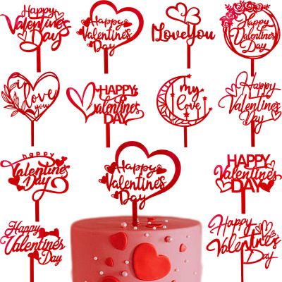 12Style Happy Valentine's Day Cake Topper Acrylic Valentines Cake Topper Red Sweet Love Heart Shaped Cupcake Topper Cake Picks for Valentine's Day Anniversary Wedding Birthday Party Cake Decorations