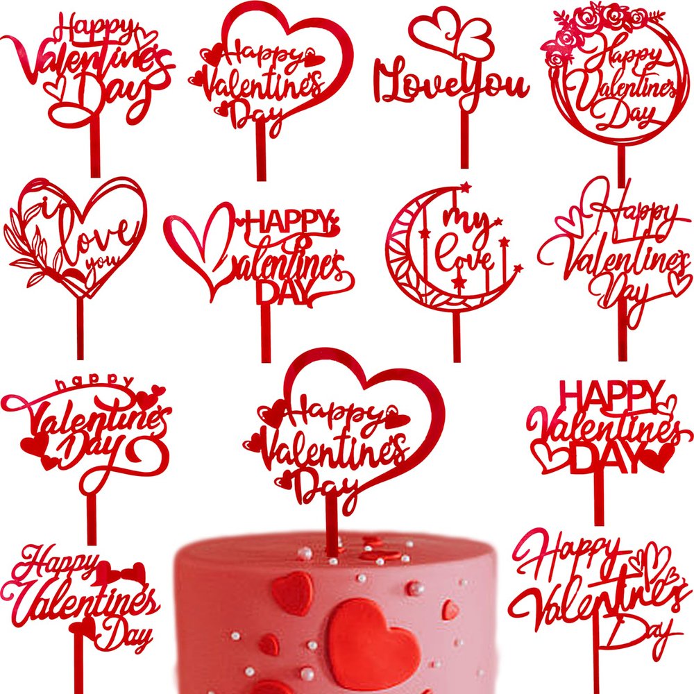 12Style Happy Valentine's Day Cake Topper Acrylic Valentines Cake Topper Red Sweet Love Heart Shaped Cupcake Topper Cake Picks for Valentine's Day Anniversary Wedding Birthday Party Cake Decorations