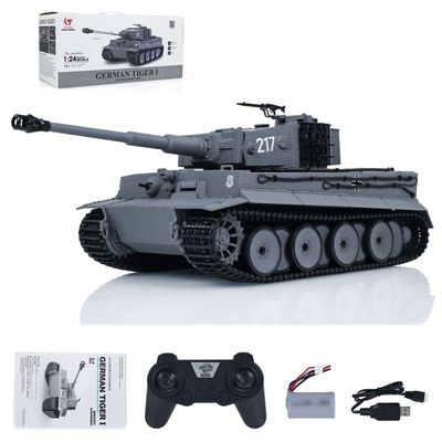 wheelfun US in Stock, Taigen 1/24 RC Battle Tank Tiger I RC Military Tanks Model Mid-Term Infrared Combat Chassis Recoil LED Flash Gray for Hobby