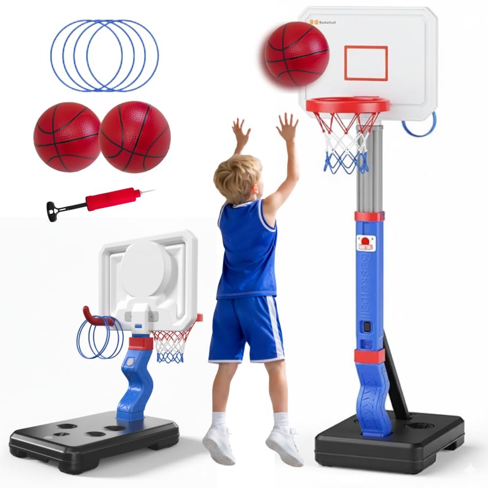 2-in-1 Toddler Basketball Hoop with Ring Toss Game, Adjustable 2.55.5 Ft Indoor & Outdoor Kids Basketball Set with Mini Balls, Rings, Pump & Stable Base | Sports Toy for Boys & Girls Ages 13+