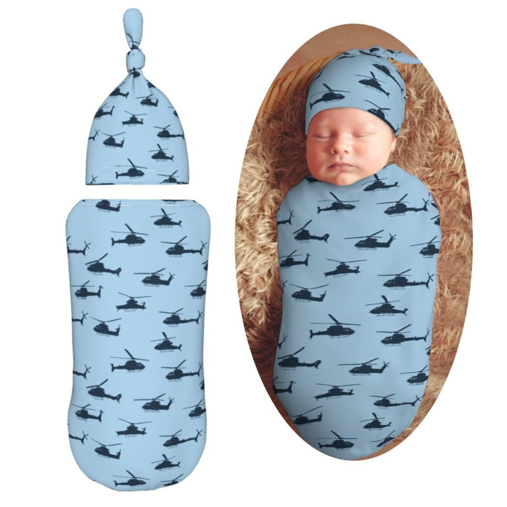Muishi Helicopter Silhouettes Newborn Swaddle Blankets Hat Sets Soft Baby Receiving Blanket Swaddle Sack for Baby Shower Infant Boy Girl Gift