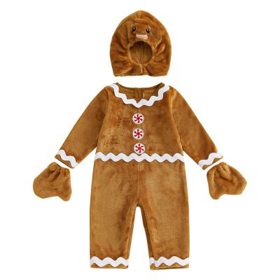 Awevudst Baby Gingerbread Costume, Ric Rac Trim Fleece Jumpsuits Hat Gloves Set Newborn Toddler Christmas Halloween Outfit (Coffee, 2-3T)