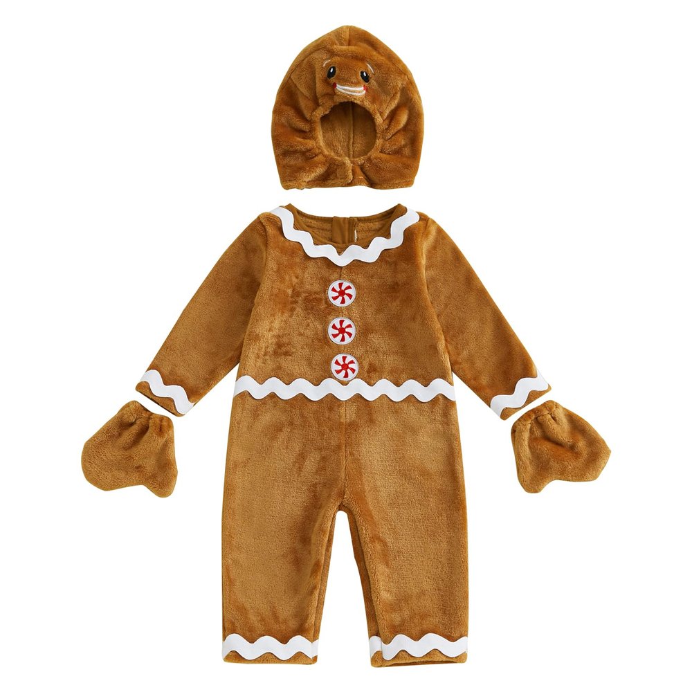 Awevudst Baby Gingerbread Costume, Ric Rac Trim Fleece Jumpsuits Hat Gloves Set Newborn Toddler Christmas Halloween Outfit (Coffee, 2-3T)