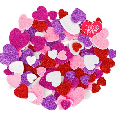 100 PCS Valentines Stickers, Self-Adhesive Foam Heart Stickers, 3 Sizes Glitter Valentine's Decor, Purple Rose Red Heart Valentines Crafts, DIY Supplies for Frames Presents Cards Heart Themed Craft
