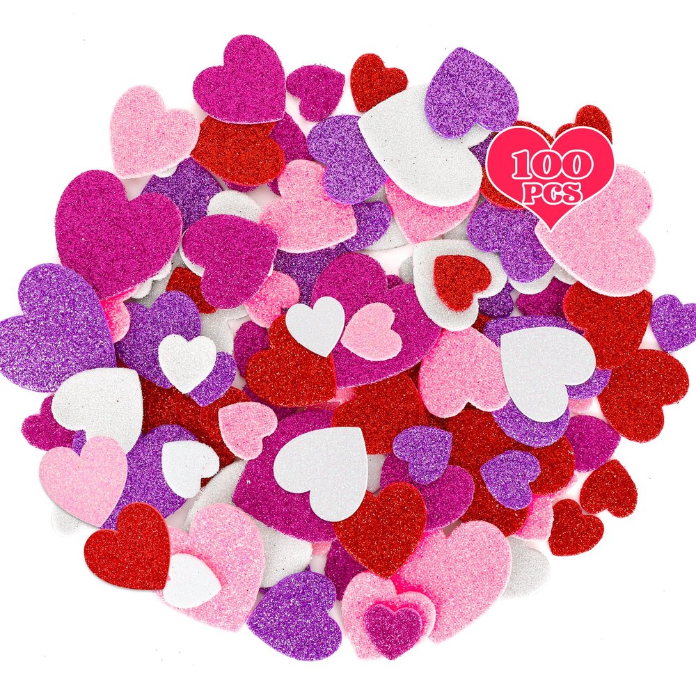 100 PCS Valentines Stickers, Self-Adhesive Foam Heart Stickers, 3 Sizes Glitter Valentine's Decor, Purple Rose Red Heart Valentines Crafts, DIY Supplies for Frames Presents Cards Heart Themed Craft
