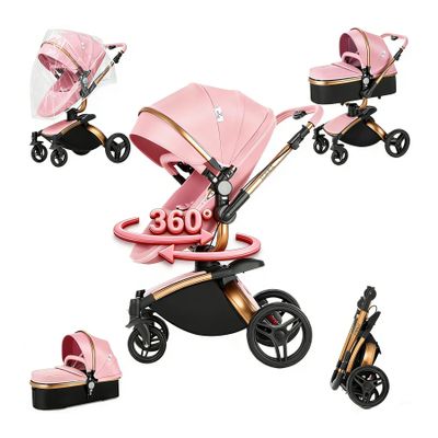 PU Leather 2 in 1 Baby Stroller with 360 Rotatable Seat, Convertible Pram, Reversible Standard Stroller, Portable Infant Carriage, Foldable High Landscape Pushchair Toddler Newborn (HR005-Pink)