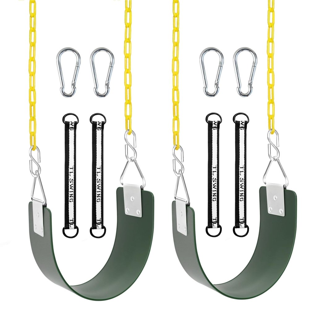 2 Pack Swing Set Seat with Metal Triangle Ring & 66Inch Anti-Rust Chains, Swing Replacement with Snap Hooks & Hanging Straps, Support 300lb for Outdoors Backyard Playground (Green X2)