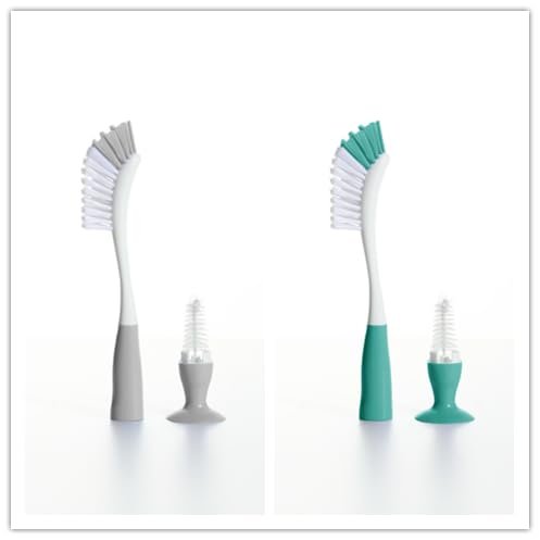 2-in-1 Detachable Bottle Brush with Suction Stand, Long Handle Water Bottle Cleaner for Cleaning Baby Bottles and Nipples, Insulated Bottles, Water Bottles, Coffee Mugs, 2pack (Grey+Green)