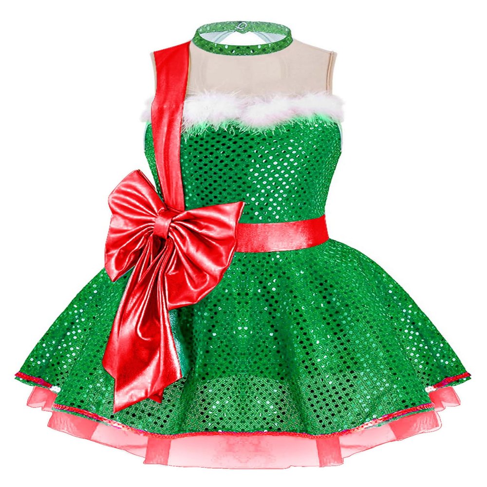 Alvivi Kids Girls Sequin Party Tutu Skirt Crewneck Sleeveless Bowknot Dance Dress Mrs Santa Cosplay Costume Green 16 Years