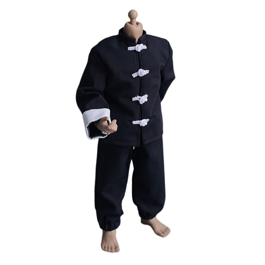 1/12 Scale Male Clothes,Chinese Kung Fu Suit Coat Vest Pant Clothing Set for 6inch Male Soldier Action Figure Body (Black Coat+White Vest+Black Pant)